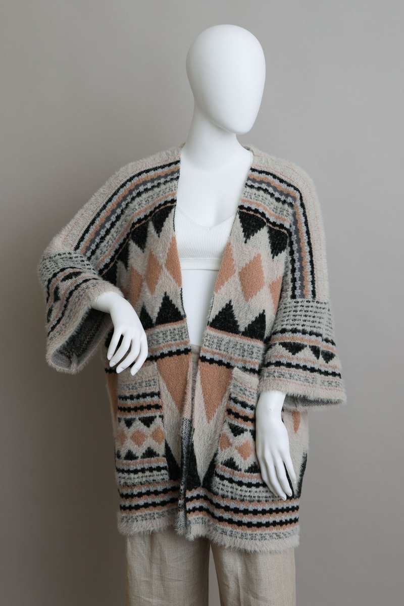 Faux Hair Pocket Ruana - Tribal Pattern Cardigans in Red, Yellow, Olive ...